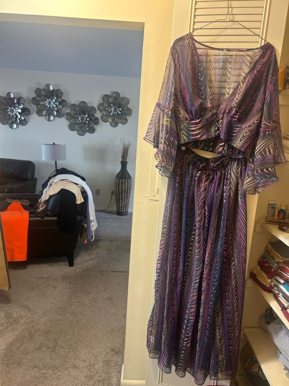 Fashion Nova Purple Patterned Maxi Dress with Flutter Sleeves